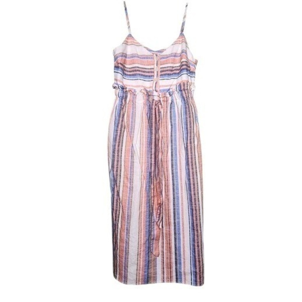 Madison Linen Blend Midi Dress Multi Striped Strappy Red Blue Boho Cottage XS